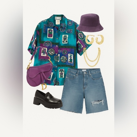 COMO Studio Vintage Artsy Hippie Tarot Print Shirt Teal Purple Rayon Size 6 - Picture 2 of 16